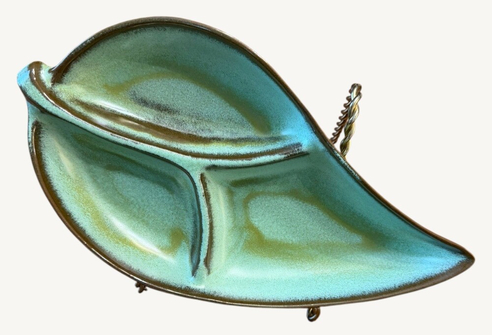Vintage Frankoma #83 Prairie Green Divided Leaf Relish Dish Tray 12" MCM